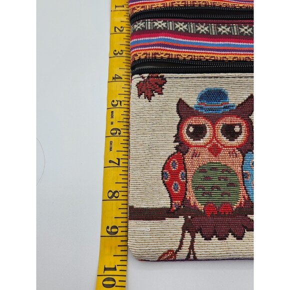 Embroided wise owl pair couple multicolor zipper pull adjustable purse bag - Picture 9 of 10